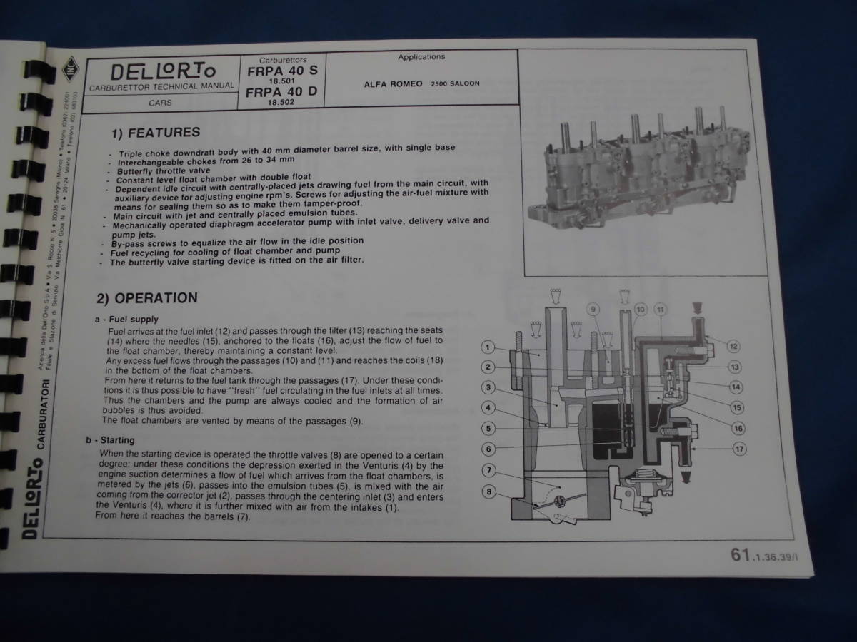 当時物　DELLORTO / デロルト純正　キャブレター　セッティングマニュアル　USED品