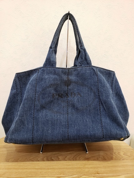 美品【PRADA】 プラダ　ファブリック　ハンドバッグ　ネイビー　デニムトート　トートバッグ　ギャランティカードあり　内袋付