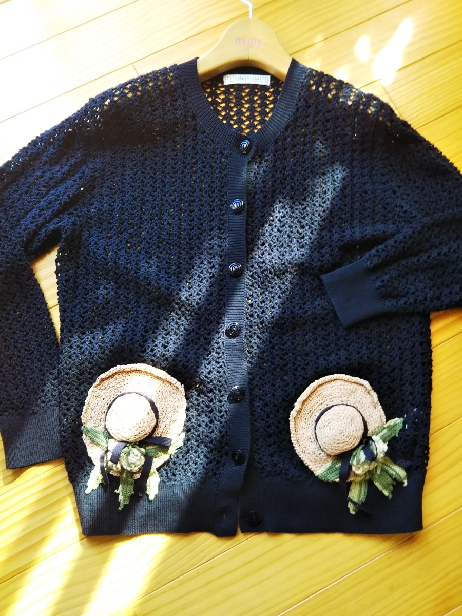 ワンダフルワールドカネコイサオ花モチーフ付き長袖ニットカーディガン