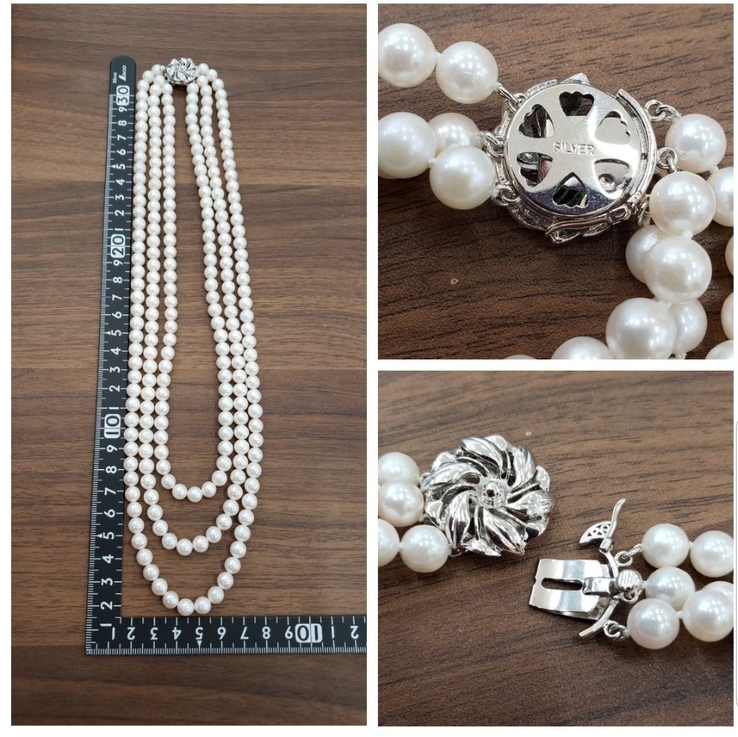 ○真珠 ネックレス 三連 留め具SILVER/イヤリング K14WG パール （YH4-132）