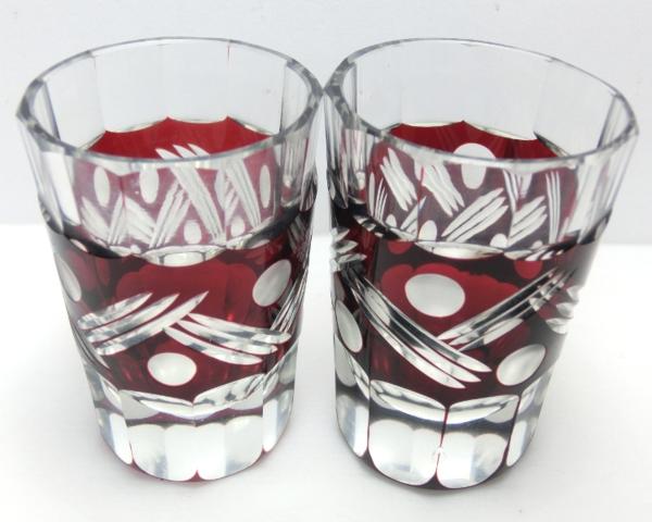 ◆切子グラス(赤)◆ペアショットグラス◆江戸切子/昭和レトロ◆