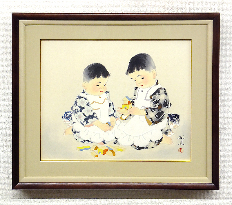 田中針水 積み木 童画 絹本 額装 日本画 川合玉堂師事 s33 GLC】田中針水 「積み木遊び」 日本画8号 小樽出身 童画巨匠 日本画