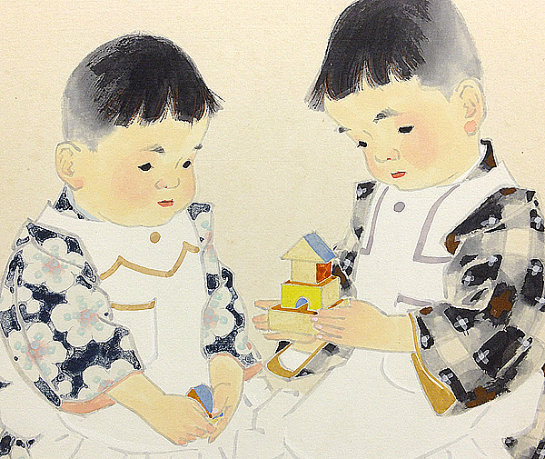 GLC】田中針水 「積み木遊び」 日本画8号 小樽出身 童画巨匠 日本画