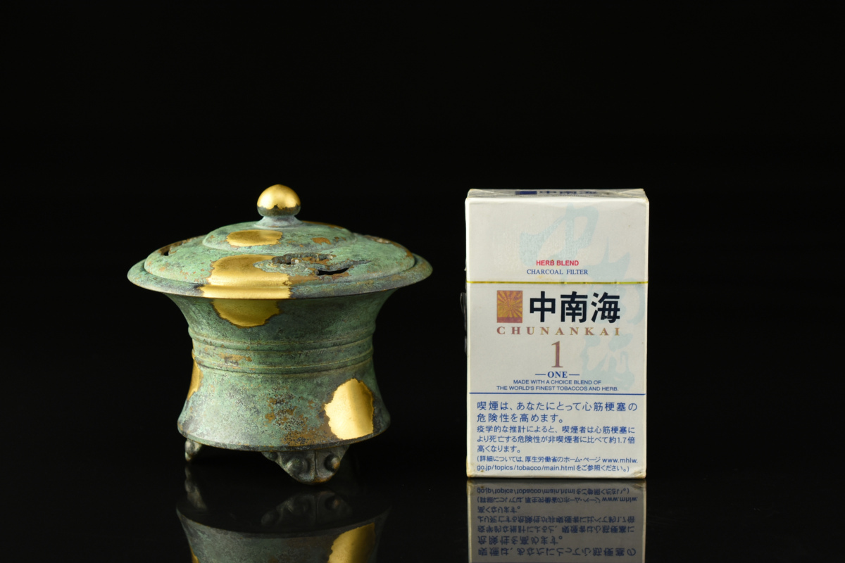 古多】五世 平安 秦蔵六 瑞雲 塗金銅香炉◇在銘/共箱/香道具/古美術/時代品