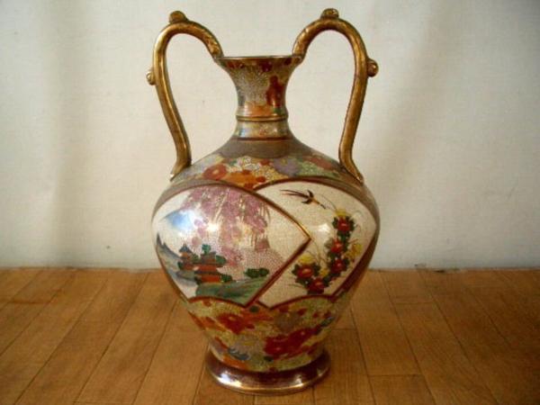◇薩摩焼◇薩摩連山 金彩風景色絵 扇面花鳥図◇陶器/飾壺