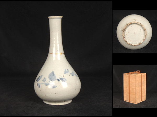 李朝 白磁鶴首花生 □清楚な景色の名品！李朝白磁染付草花文鶴首花生 李朝期