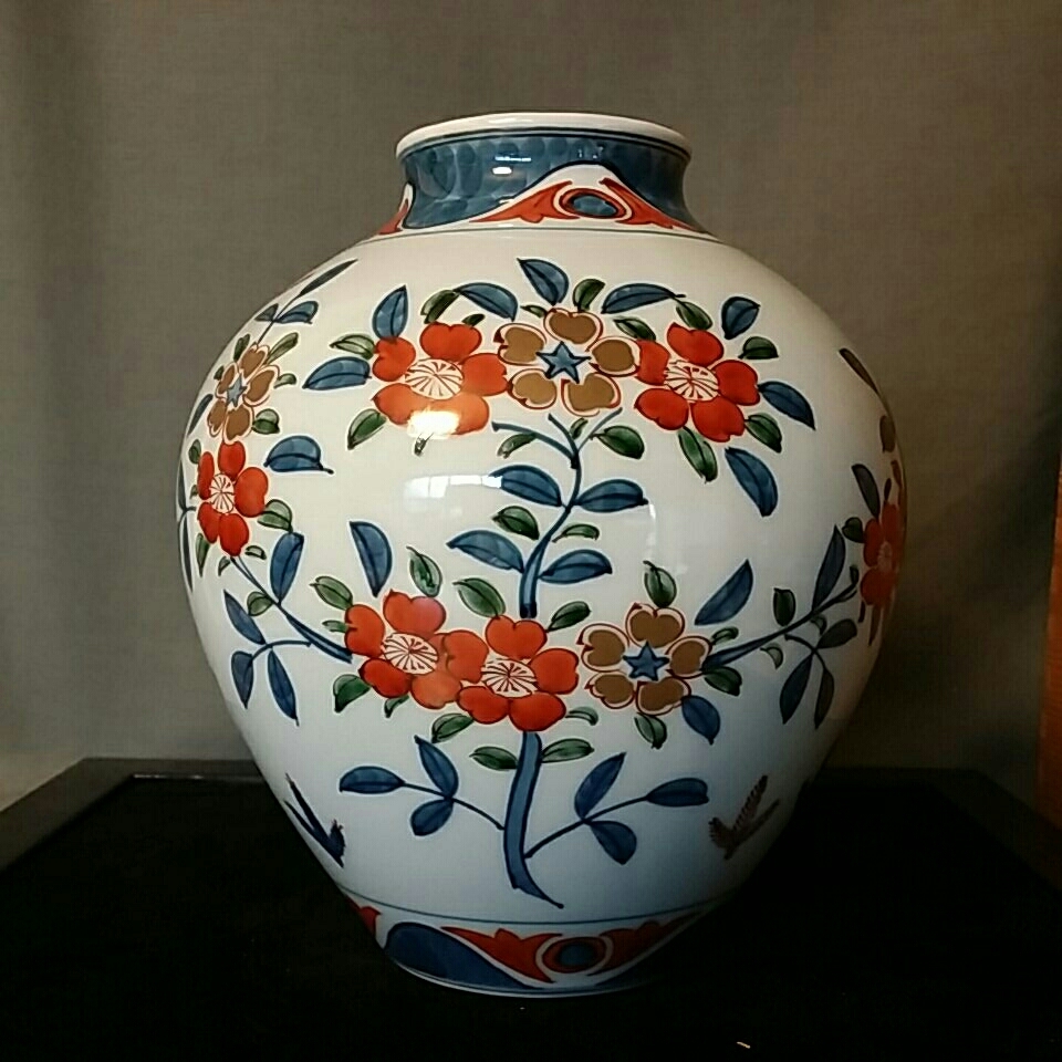 和陶】有田銘窯 源右衛門 古伊万里の伝統 染錦古伊万里桜絵 花瓶 高さ