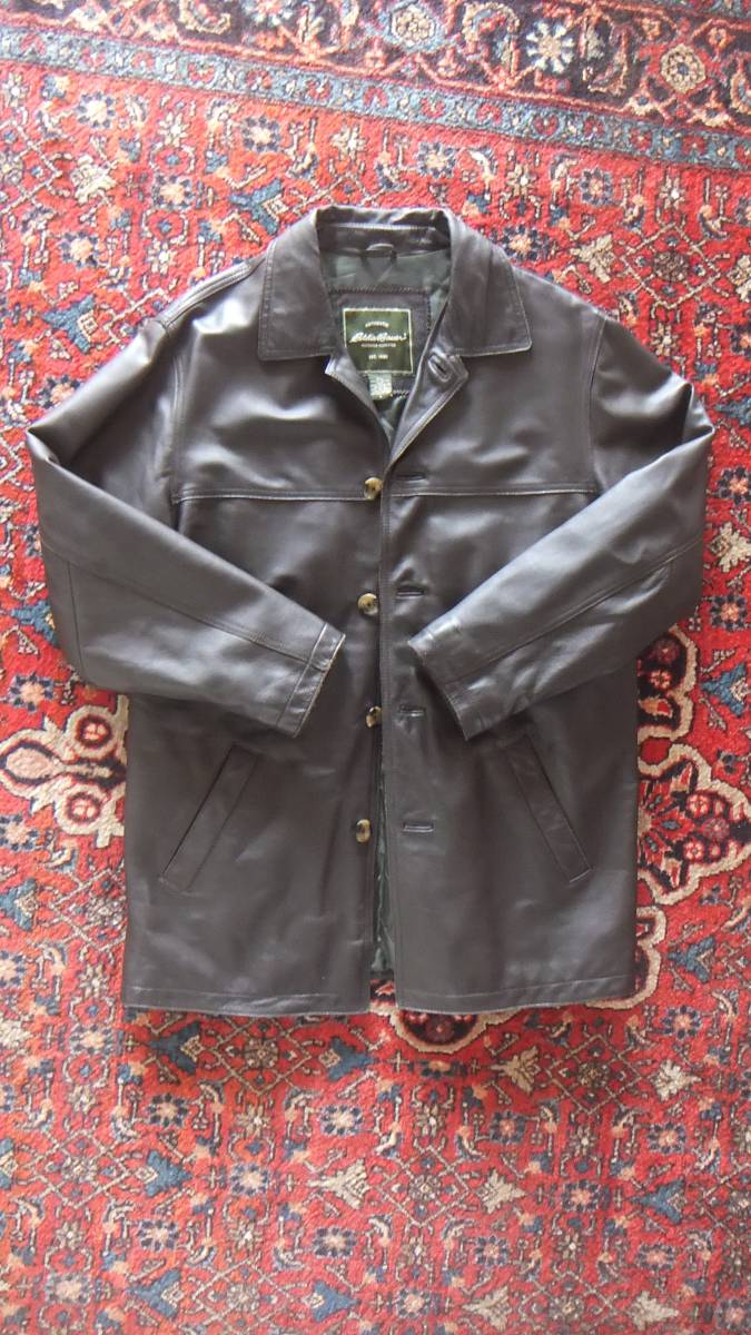 エディー・バウアー　EDDIE BAUER　カーフレザー　牛革　ステンカラーコート　バルカラーコート　定価10万円弱 M~L Bauer Eddie レザージャケット bauer Leather カーコート
