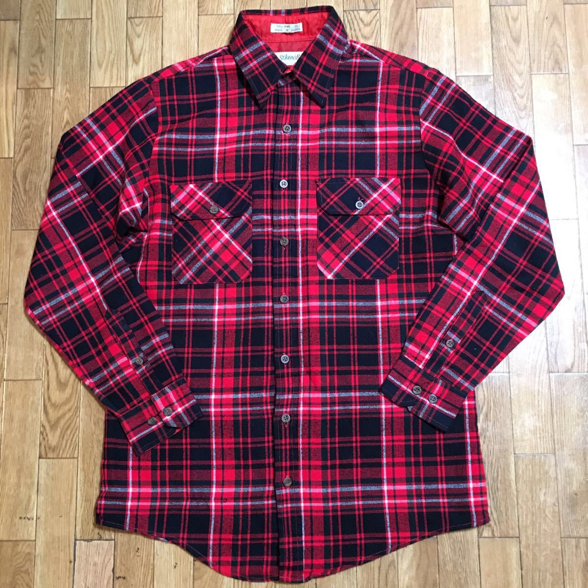 美品 80s KOREA製 st.johnbay ネルシャツ チェック 赤 黒 Mサイズ 古着 ヴィンテージ 長袖シャツ フランネル