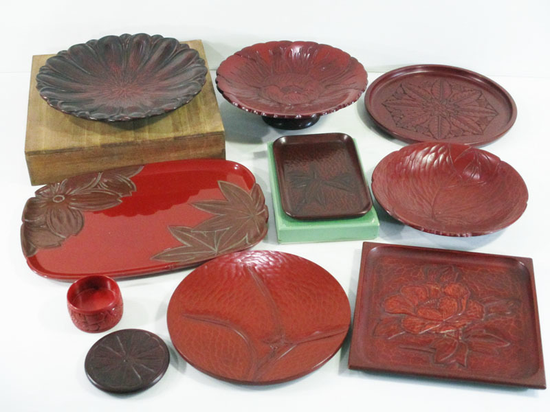 五客 足付 花鳥金蒔絵 隅切四方膳 黒塗吸物膳 CH74 時代木製漆器 盆(盆