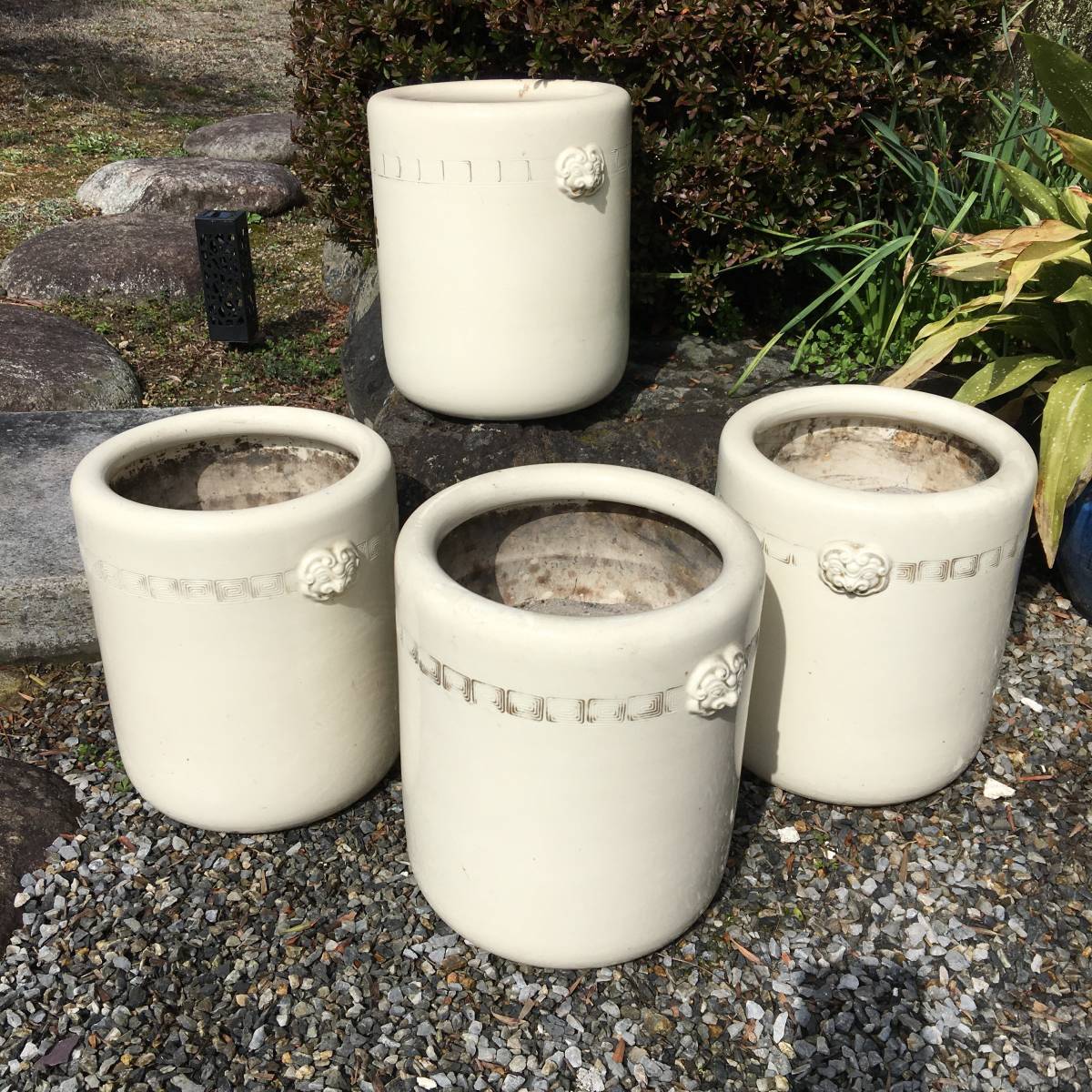送料込！4個まとめて！持ち手意匠！白陶 アンティーク レトロ火鉢 手
