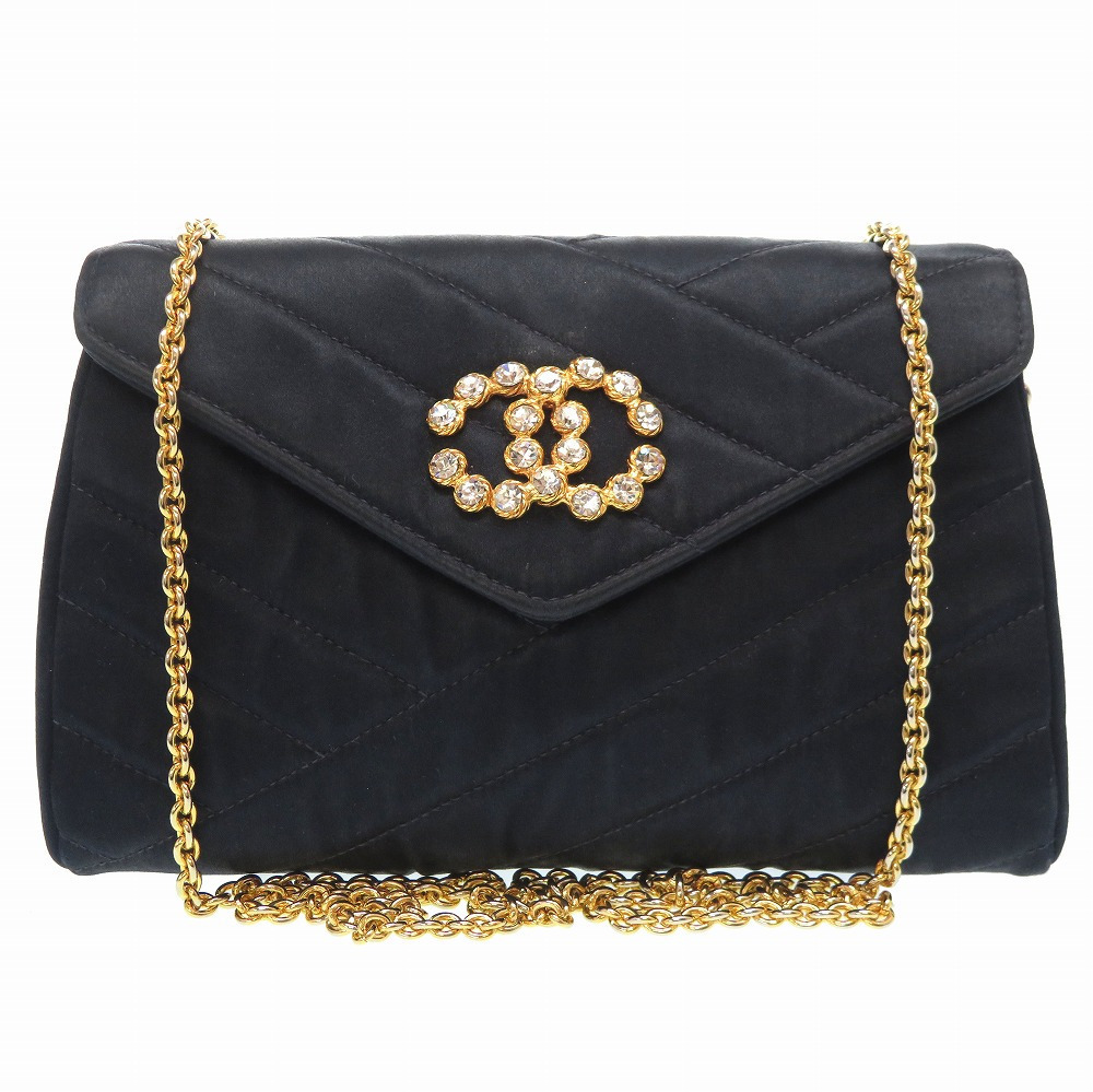 美品 シャネル サテン ネイビー ストーン ゴールドチェーン ショルダー