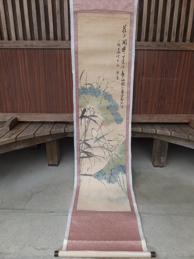 古い中国画人 漁笙筆の彩色蓮花鳥図画賛まくり・肉筆