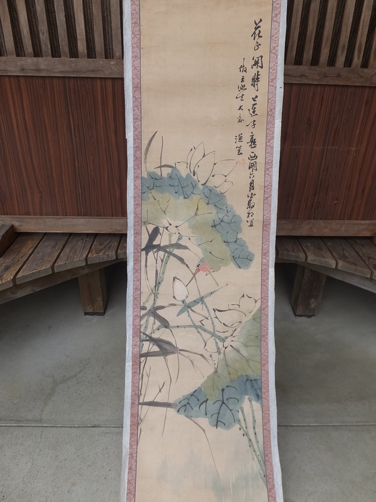 古い中国画人 漁笙筆の彩色蓮花鳥図画賛まくり・肉筆 絵画 ホビー