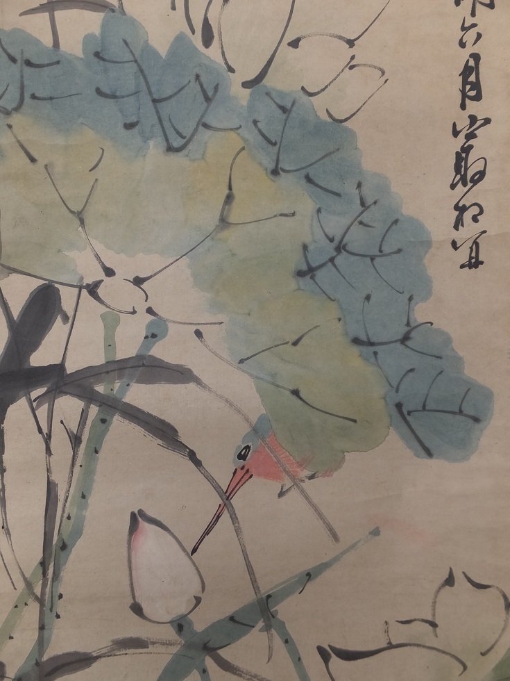 古い中国画人 漁笙筆の彩色蓮花鳥図画賛まくり・肉筆 絵画 ホビー