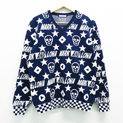 新品，限定SALE 1円 MARK&LONA マークアンドロナ 2019年モデル Vネックニットセーター スカル スター総柄 ネイビー系 46 240001334323 メンズ(セーター)｜売買されたオークション情報、yahooの商品情報をアーカイ セーター