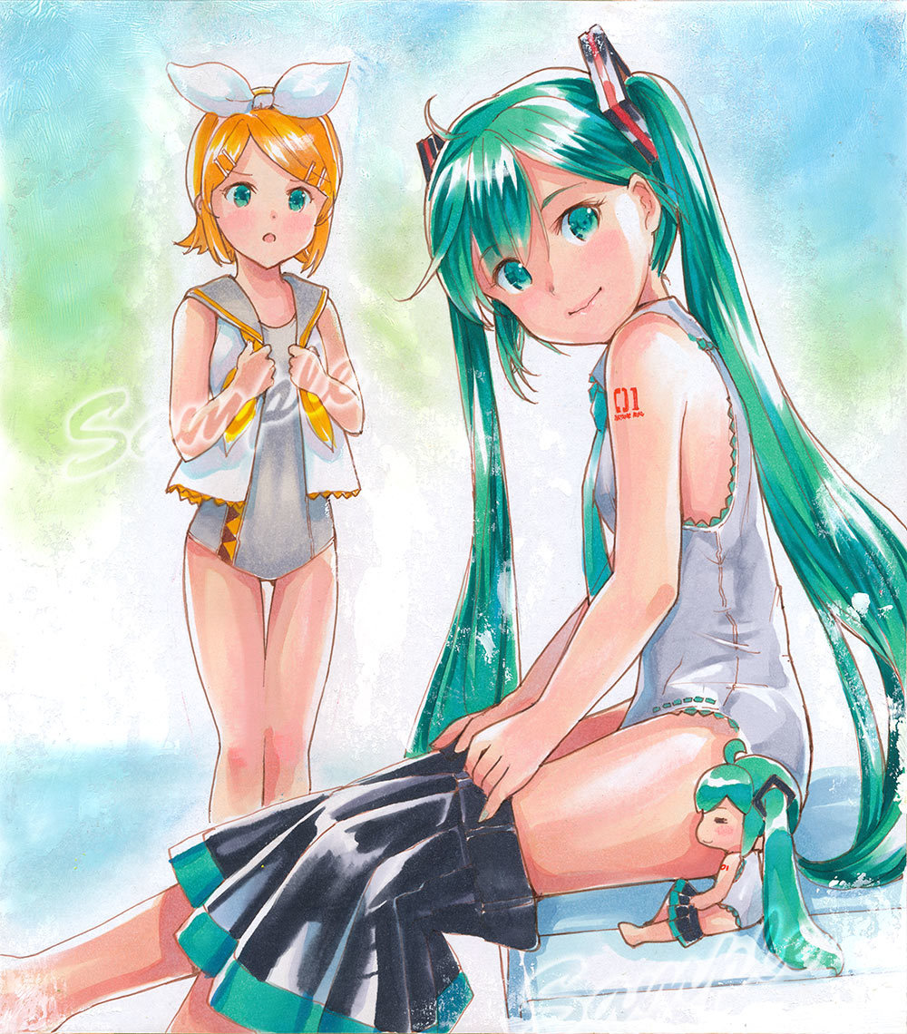 同人手描きイラスト 色紙 原画 ボーカロイド 鏡音リン 初音ミク 水着に着替えて 手描きイラスト 売買されたオークション情報 Yahooの商品情報をアーカイブ公開 オークファン Aucfan Com