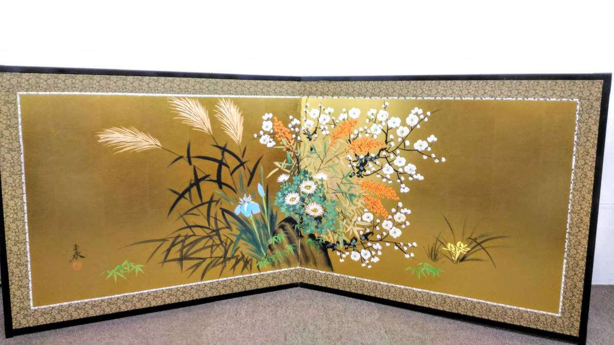高さ 肉筆 六曲半双 金屏風 都屋2n 水上泰生 金台 竹