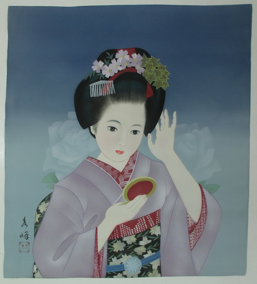 美人画　村田秀峰　日本画　鏡を持つ舞妓　真作 美人画 村田秀峰 日本画 鏡を持つ舞妓 真作 美人画 村田秀峰 日本画 鏡