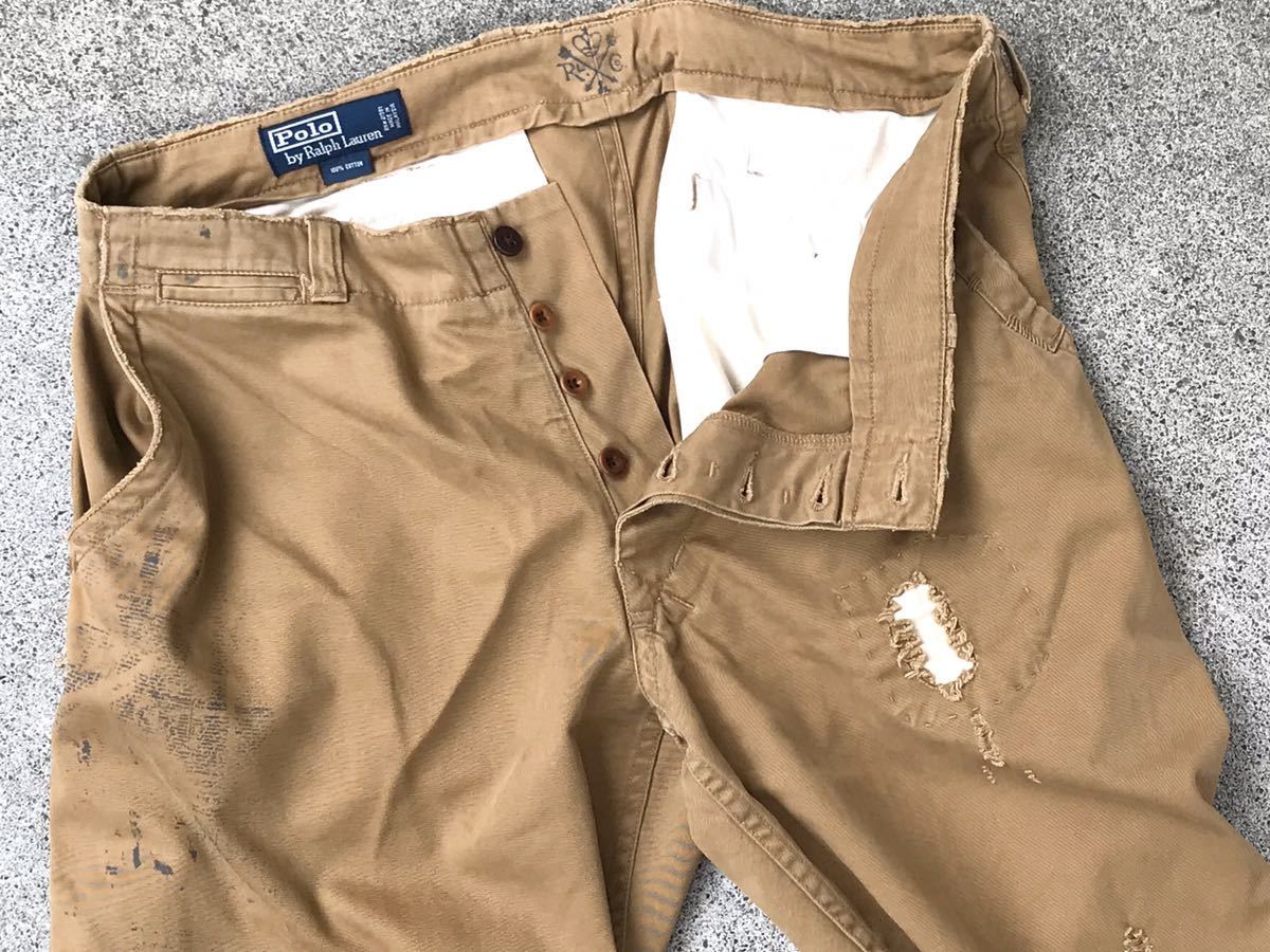 Polo ラルフローレン ヴィンテージ加工 リペア加工　落書き　チノパン 34 Polo by ラルフローレン ビンテージ&リペア加工 極太ワイドチノパン