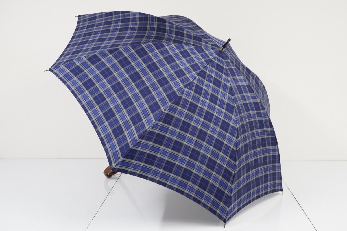 A3801 Paul Stuart ポールスチュアート 紳士耐風傘 USED美品 ジャガードチェック ネイビー 高級 ジャンプ 大判 65cm 1円～ KR Stuart Paul 公式Paul PS-T021FITHOUSE ポール・スチュアート Stuart／ポール・スチュアート