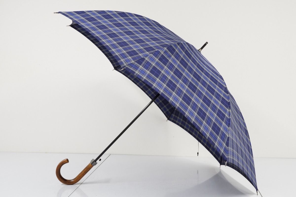 A3801 Paul Stuart ポールスチュアート 紳士耐風傘 USED美品 ジャガードチェック ネイビー 高級 ジャンプ 大判 65cm 1円～ KR Stuart Paul 公式Paul PS-T021FITHOUSE ポール・スチュアート Stuart／ポール・スチュアート