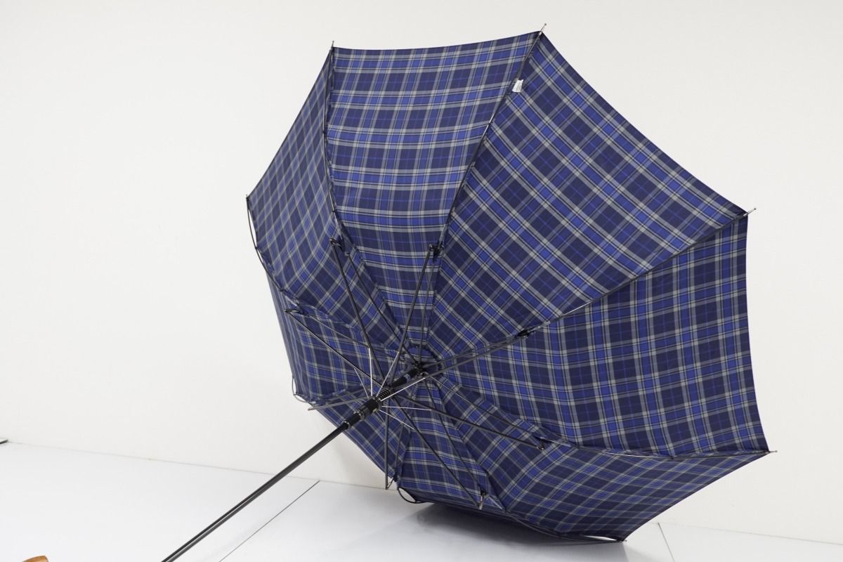 A3801 Paul Stuart ポールスチュアート 紳士耐風傘 USED美品 ジャガードチェック ネイビー 高級 ジャンプ 大判 65cm 1円～ KR Stuart Paul 公式Paul PS-T021FITHOUSE ポール・スチュアート Stuart／ポール・スチュアート
