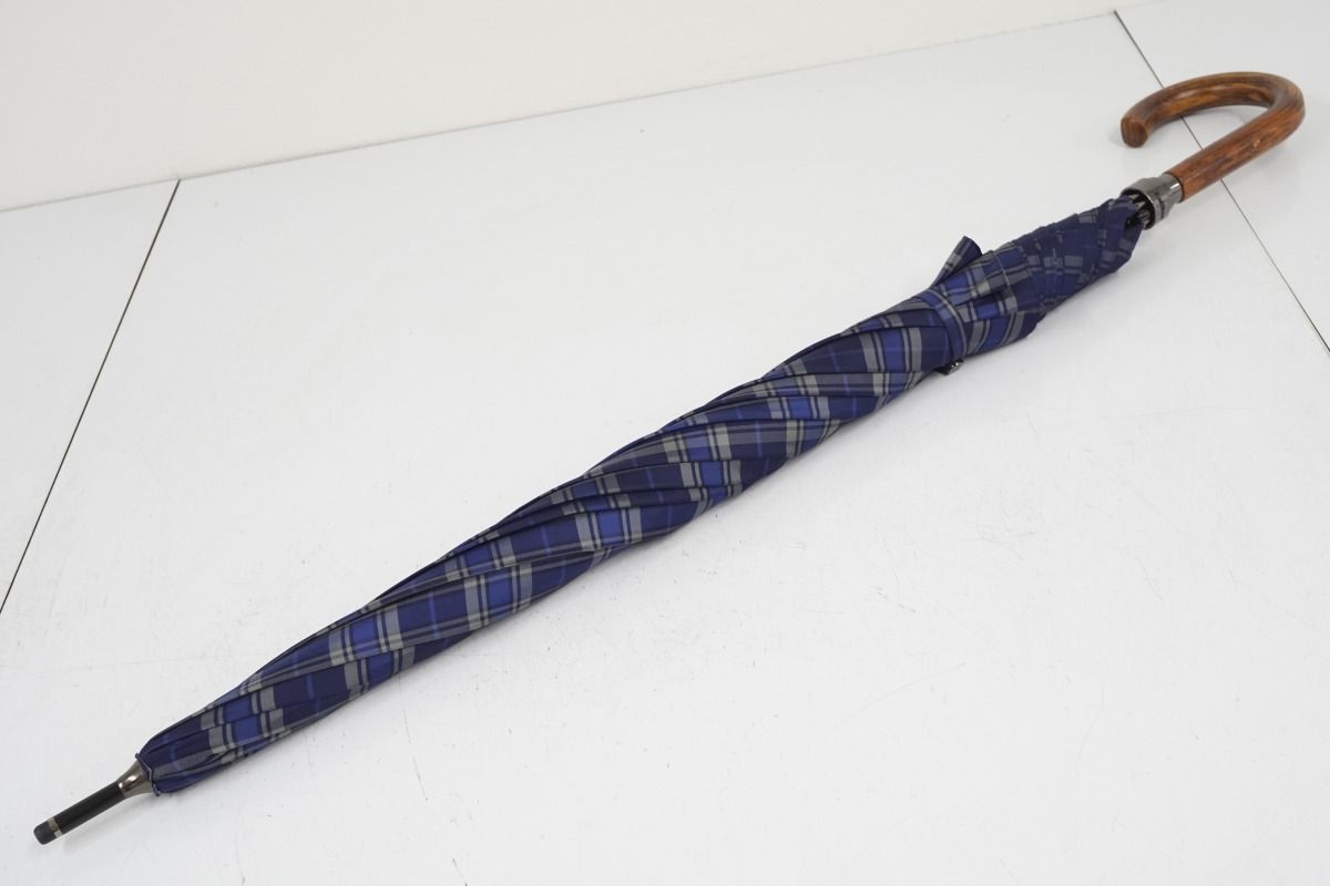 A3801 Paul Stuart ポールスチュアート 紳士耐風傘 USED美品 ジャガードチェック ネイビー 高級 ジャンプ 大判 65cm 1円～ KR Stuart Paul 公式Paul PS-T021FITHOUSE ポール・スチュアート Stuart／ポール・スチュアート