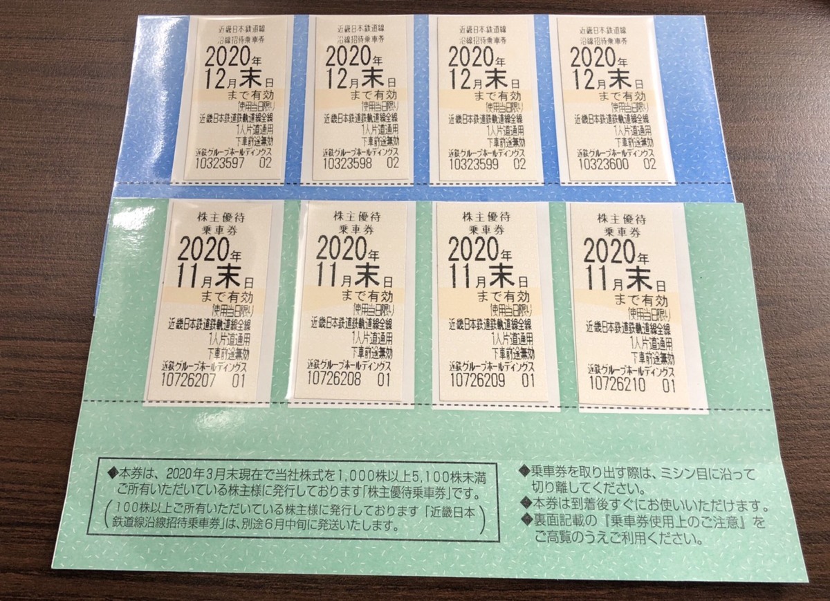 【定型送料無料】近畿日本鉄道　近鉄グループ　株主優待乗車証　8枚セット　2020年11月末・12月末_1