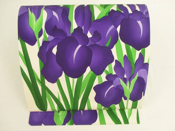 着物ふぁんた▲【自由が丘　扇屋】　手描き　塩瀬　花菖蒲　極上の逸品　開き名古屋　九寸名古屋帯 t4650
