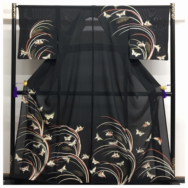 夏物 訪問着 絽 身丈156 裄67 正絹 黒 蝶々 花模様 中古品 訪問着 身丈