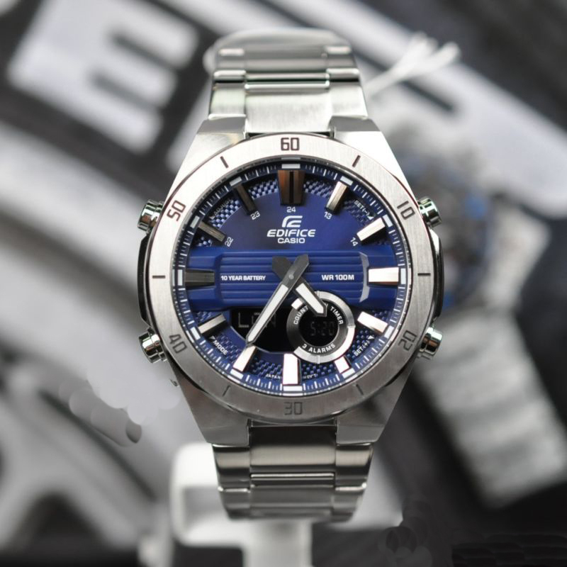 【1円】日本未発売新品正規カシオCASIOエディフィスEDIFICE10年電池10気圧防水ダイバー銀シルバー×青ブルー男性メンズ腕時計ギフト_1