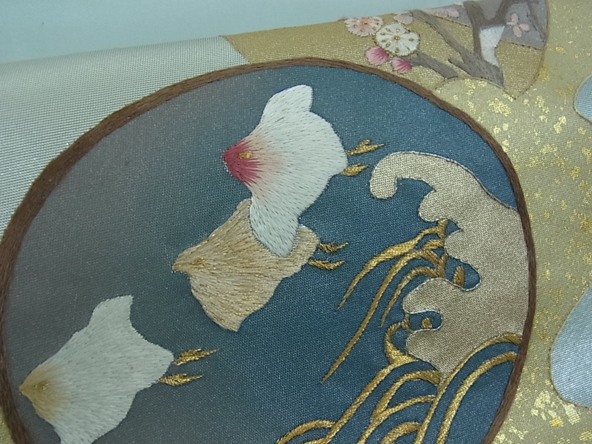 正絹 金銀糸 平和屋着物＊夏物 逸品 九寸名古屋帯 刺繍 草葉文