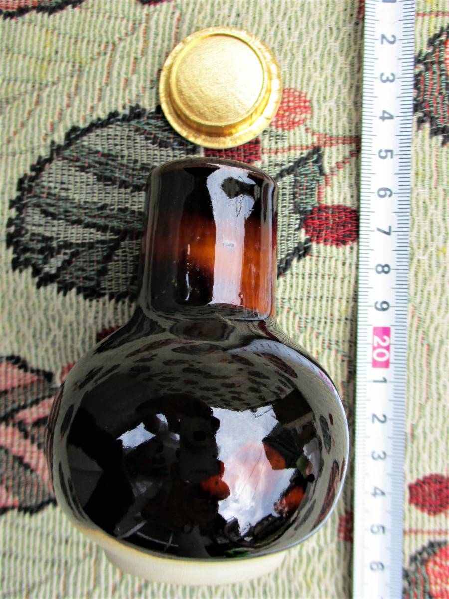 洛東 桶谷定一 作 鶴首茶入 仕覆 荒磯金襴 茶道具 共箱 京焼 茶入