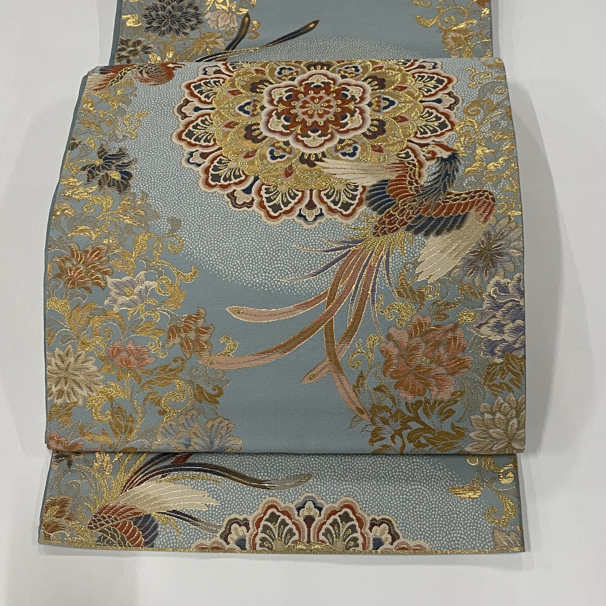 再販 袋帯 美品 秀品 紹 鳳凰 華文 金糸 箔 水色 六通 正絹 【中古