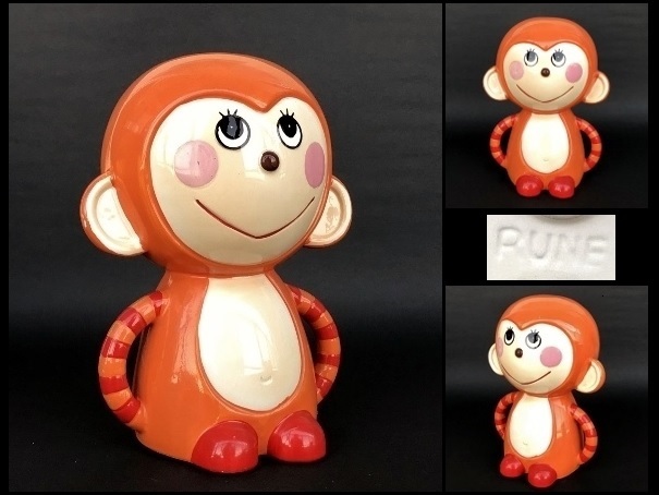 ☆昭和レトロ 内藤ルネ RUNE おサルさん 猿/さる 陶器 貯金箱 当時モノ：