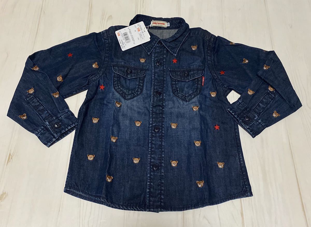 未使用タグ付ミキハウス 前後刺繍 ありデニムシャツ バッチ付 110 ミキハウス 110 前後総刺繍デニムシャツ 2枚セット 新品タグ付