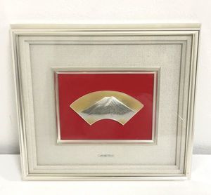 タケヒコ　純銀、扇面赤富士レリーフ TAKEHIKO武比古作純銀レリーフ額扇面富士 8号silver