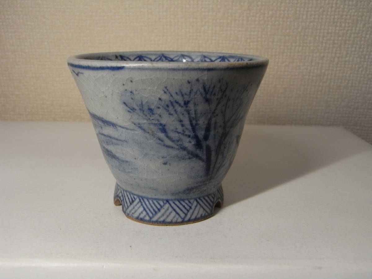 ゆうき祥石 盆栽鉢 染付 山水図 陶器 植木鉢 雅】初代祥石 染付山水図丸鉢 人気品薄絵鉢作家＜初代祥石・染付山水図