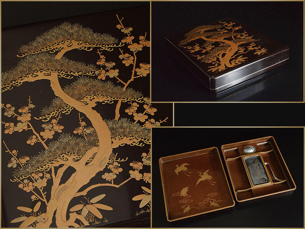 【雲】高級漆器 木製黒漆塗 松竹梅鶴亀金蒔絵梨地硯箱 縦24cm 古美術品 (書道具旧家蔵出) DC4075