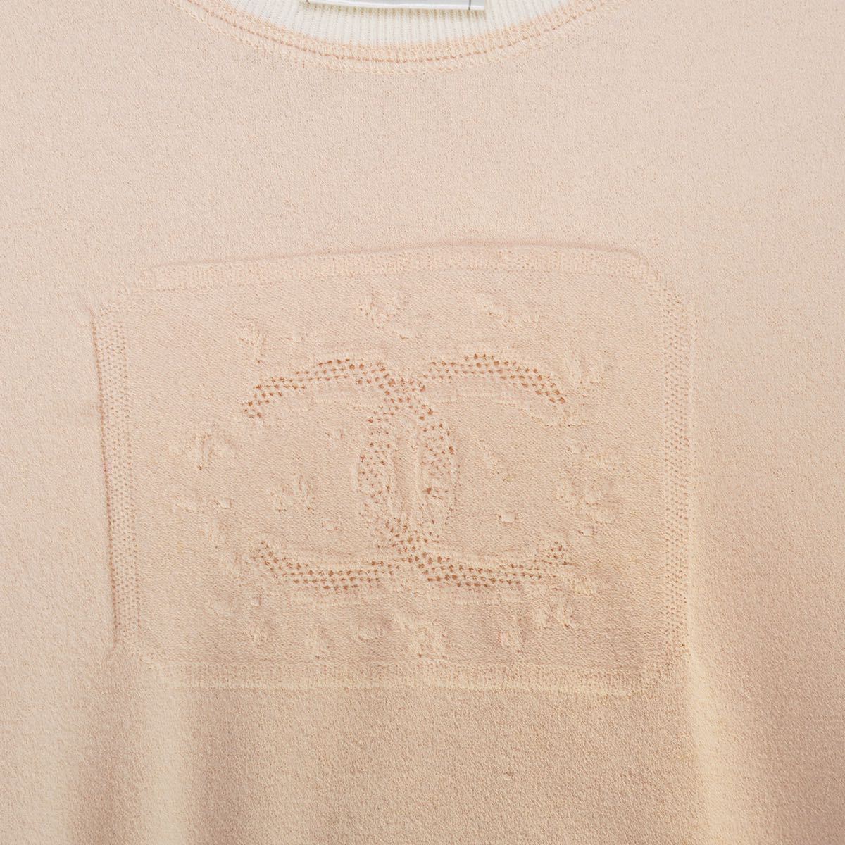 CHANEL 04C シャネル CCマーク模様 半袖ニットトップス サーモンピンク 