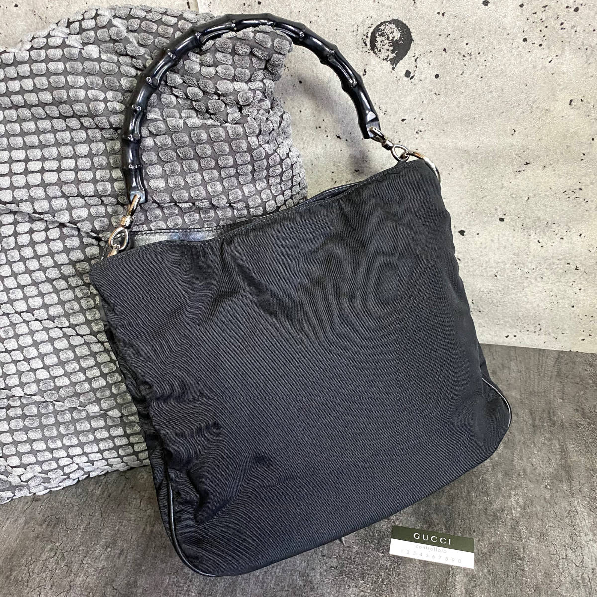 本物☆オールドグッチ GUCCI バンブー キャンバス ハンドバッグ 黒 