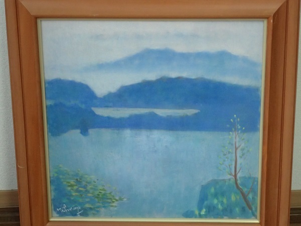 Ｄ35☆油彩画 長谷川善四郎 「くもり日の湖水」 額装 (140)