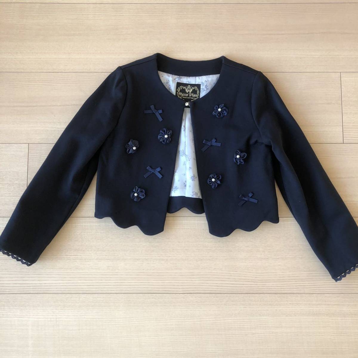 メゾピアノ mezzopiano セレモニーワンピース花刺繍襟付き リボン付き 