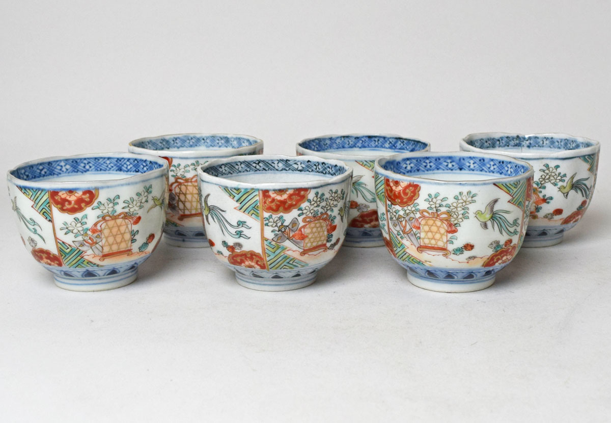 すみれ 古伊万里金襴手花鳥絵猪口 江戸 ：6客 蔵出品(金襴手)｜