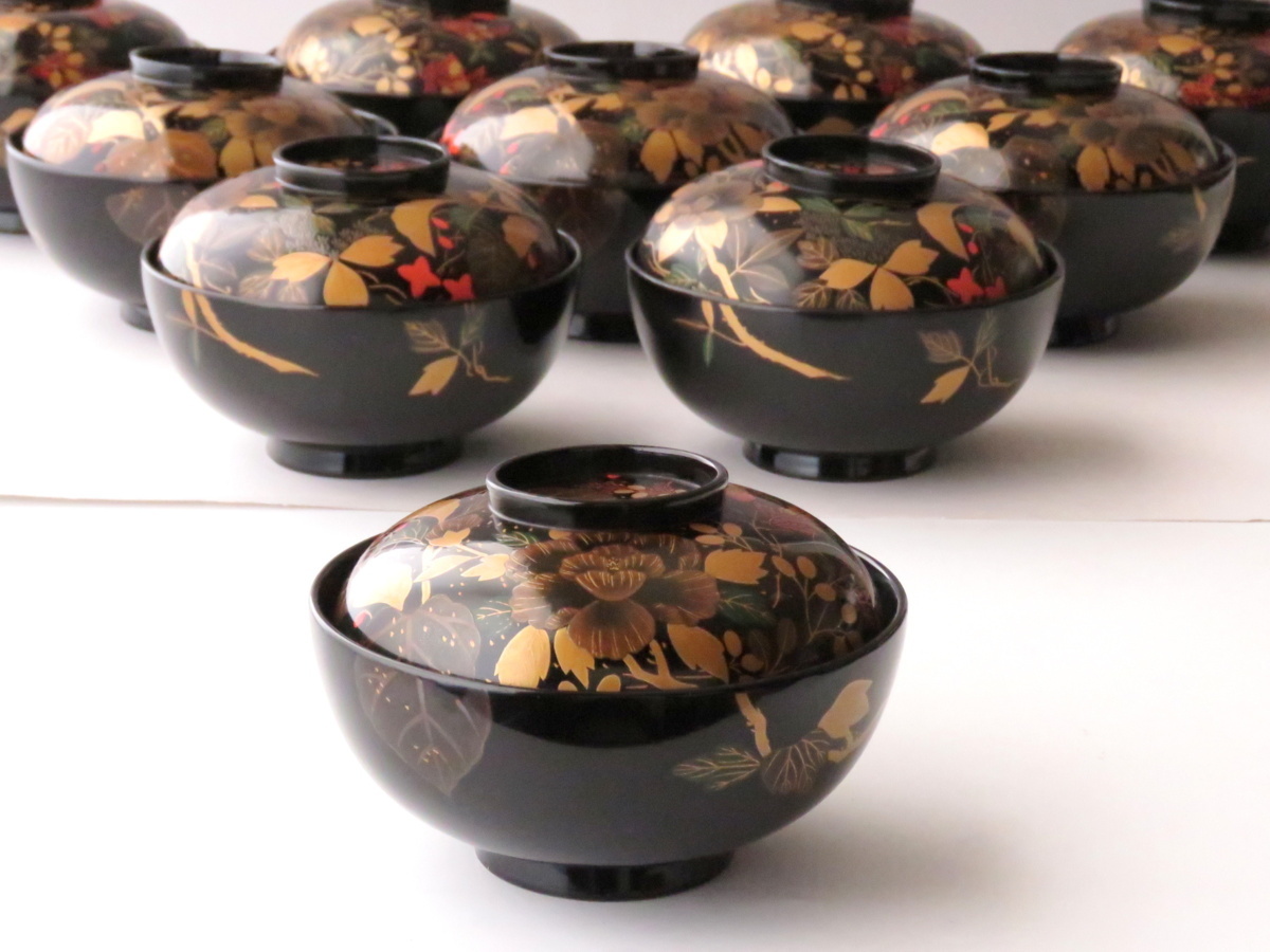 煮物椀 懐石道具 流茶懐石道具 桜紅葉蒔絵 蘭蒔絵 合成漆塗り 【