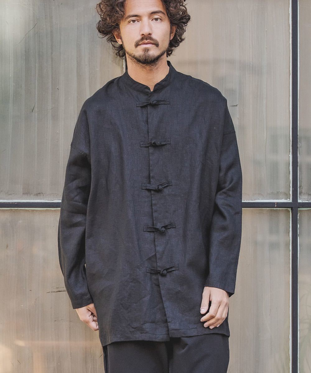 CAMBIO カンビオ チャイナシャツ リネン ロングシャツ M L 黒 ブラック