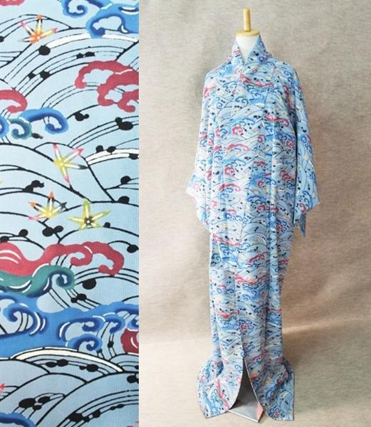 【恵】蔵出し良品 荒波 ちりめん青地 着物 袷 小紋和装正絹
