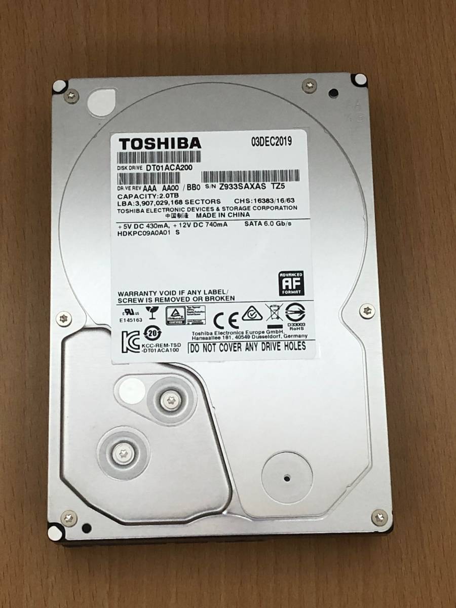 【送料無料】★２ＴＢ★ 東芝　DT01ACA200 【使用時間:10h】3.5インチ内蔵HDD　2.0TB　SATA　正常品　7200rpm TOSHIBA