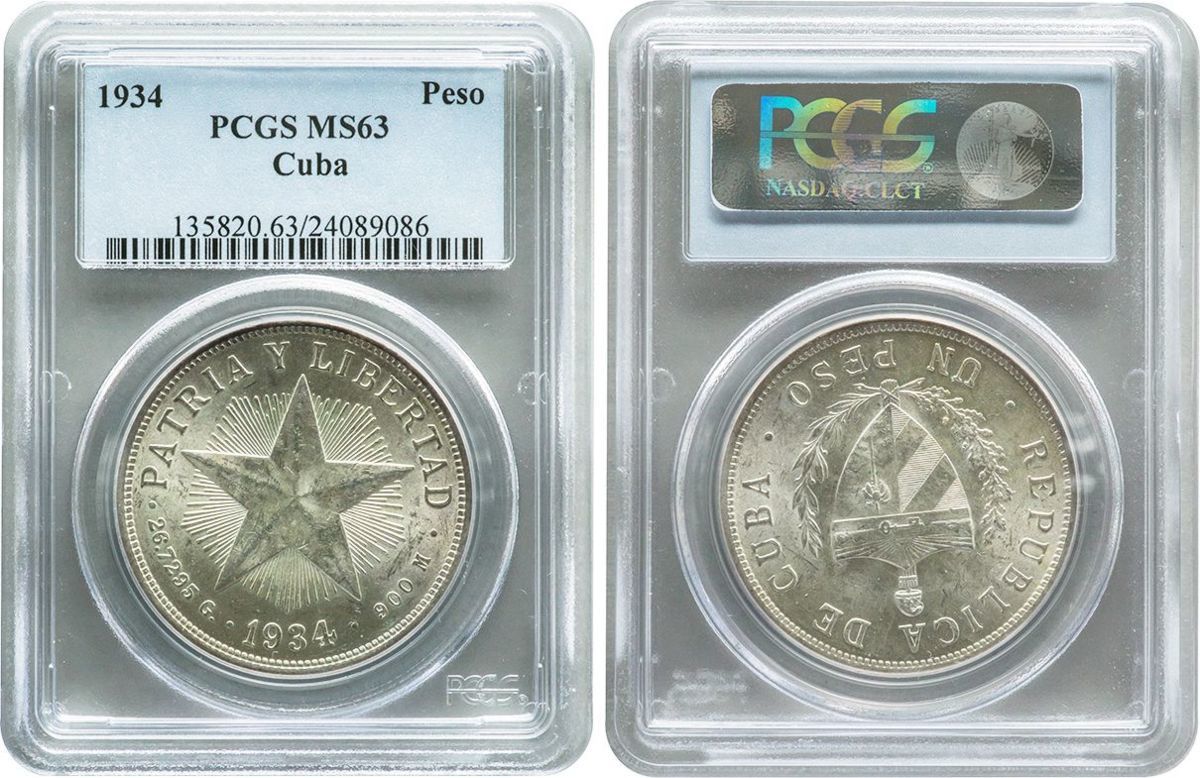 キューバ　1ペソ銀貨　1934年　未使用品　紋章　PCGS(MS63)